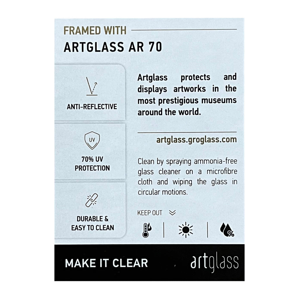 Artglass AR 70 product label with features and cleaning instructions on a white background