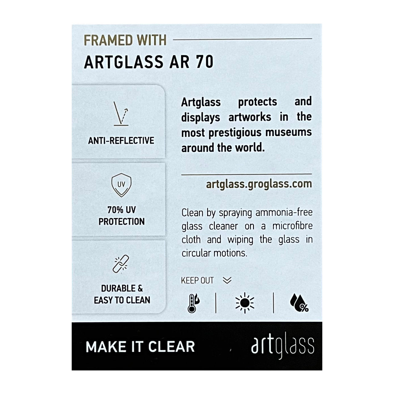 Artglass AR 70 product label with features and cleaning instructions on a white background