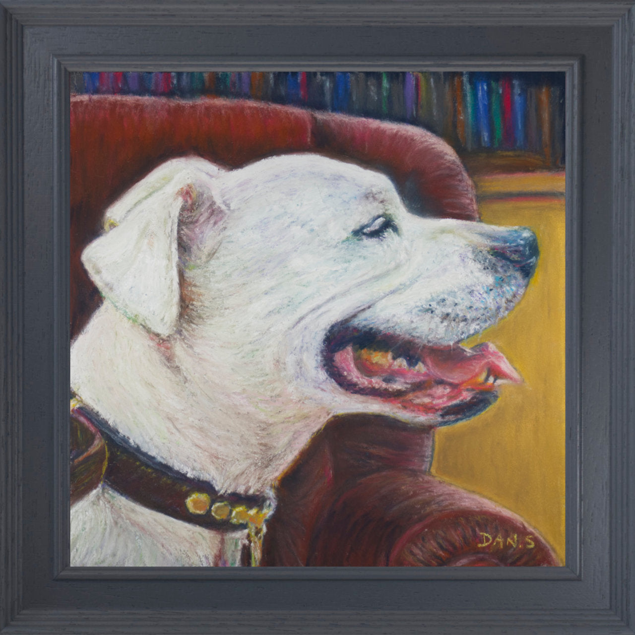Drawing of a white Staffordshire bull terrier in a grey frame
