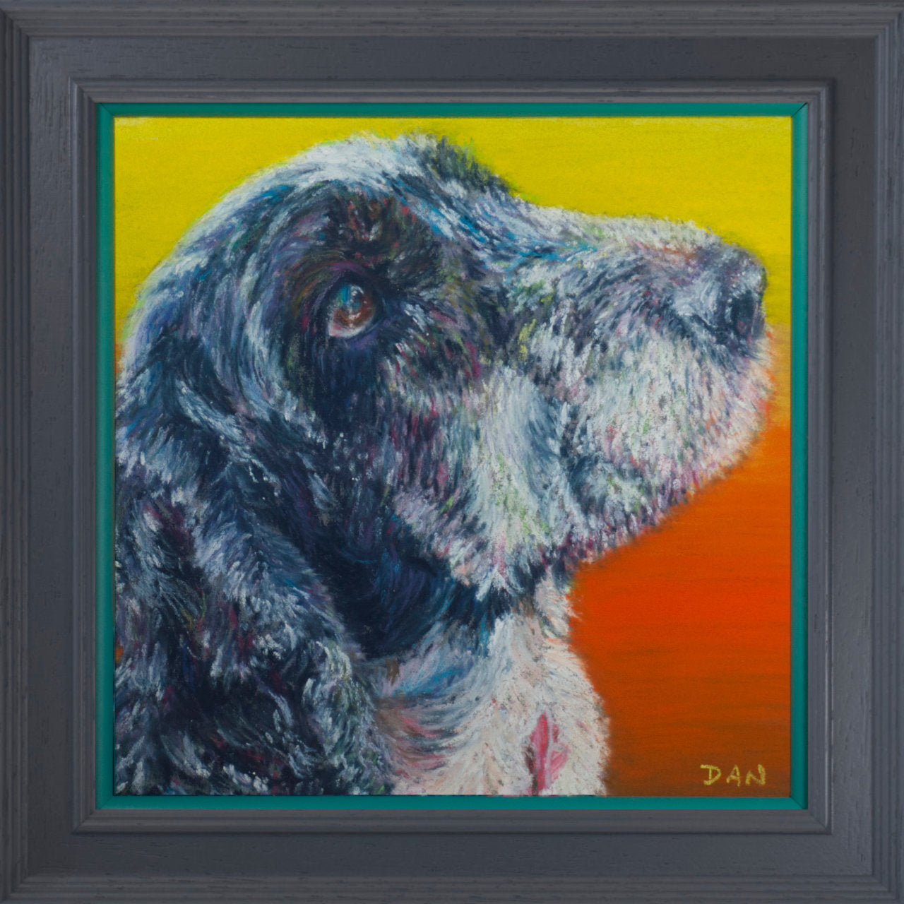 Picture of a Cocker spaniel with a colourful background in a grey frame with teal border 