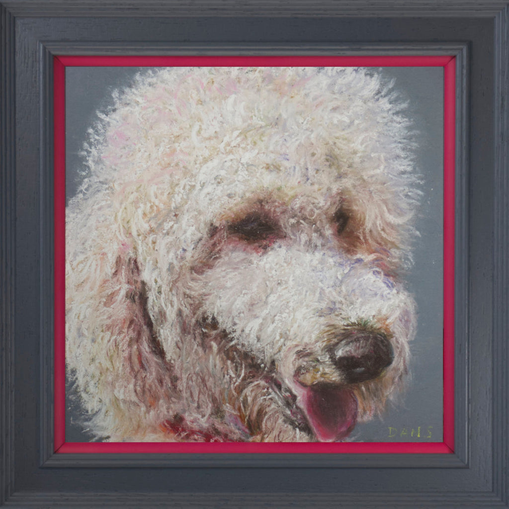 Picture of a Golden Doodle with a grey background in a grey frame with pop of pink