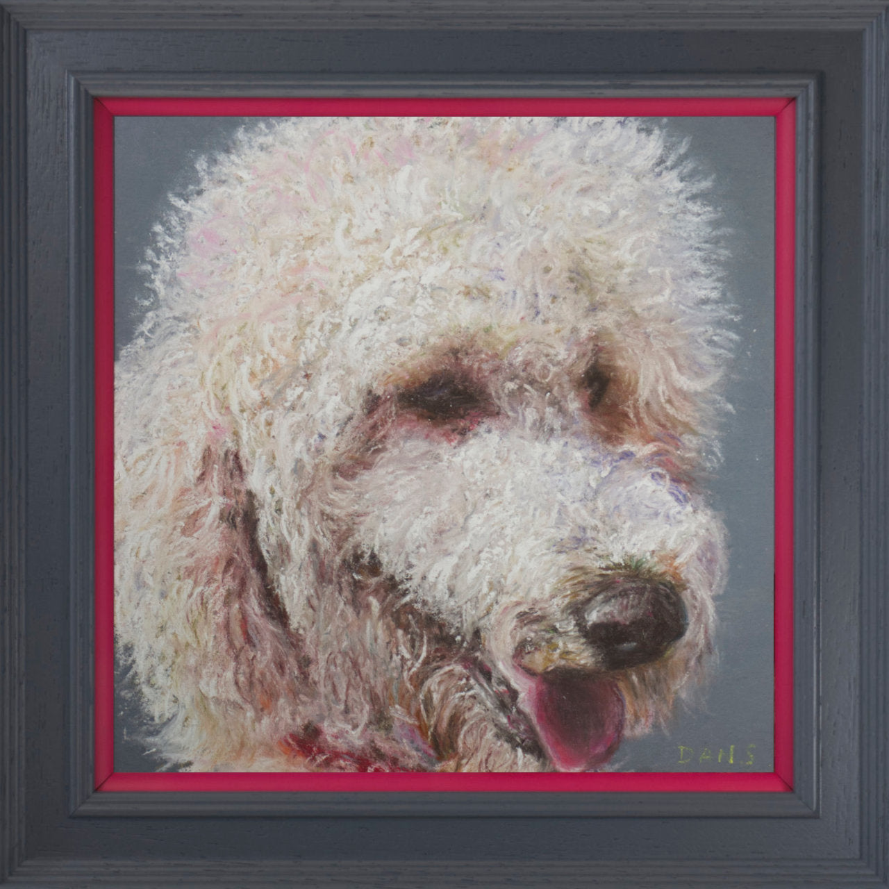 Picture of a Golden Doodle with a grey background in a grey frame with pop of pink