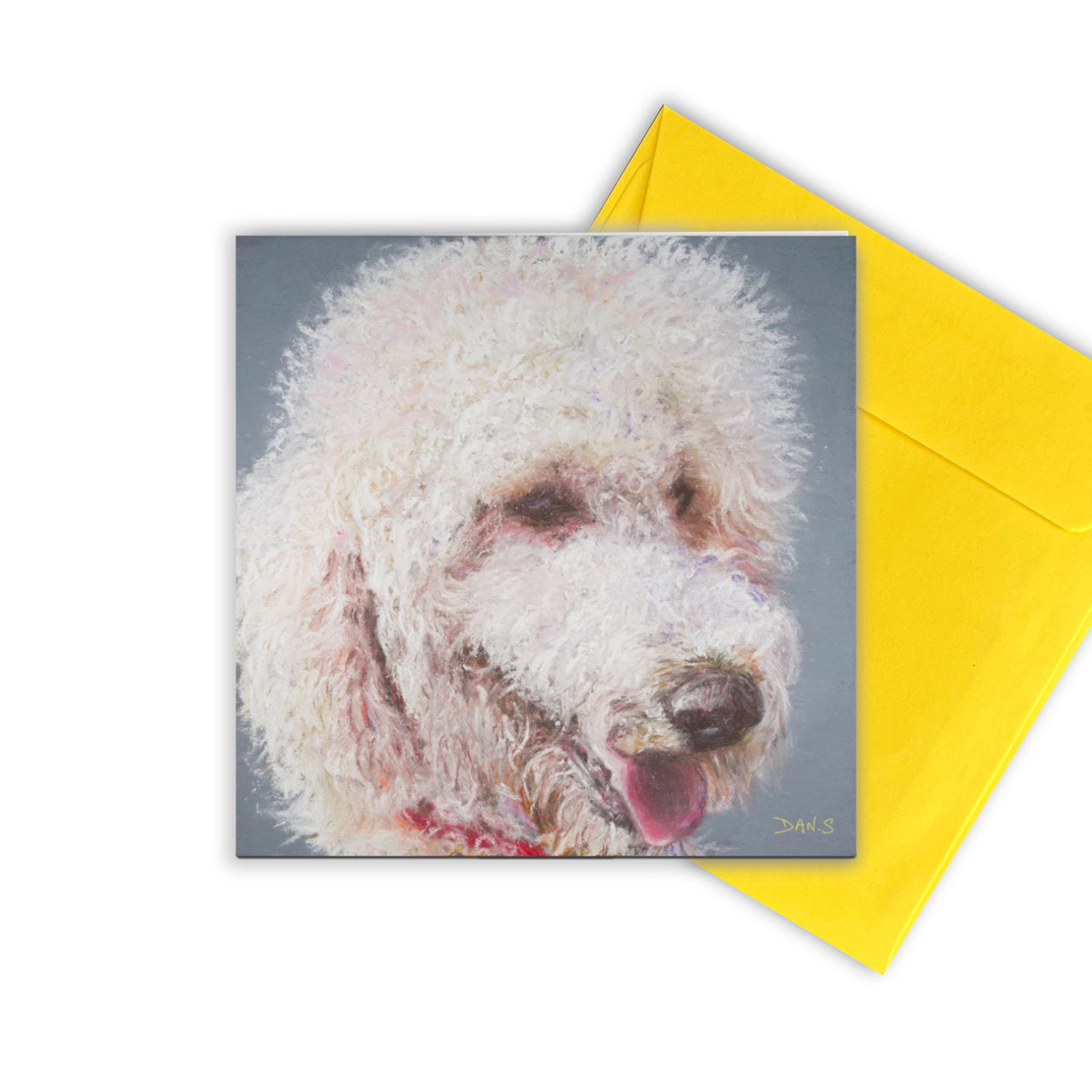 Greetings card featuring a Golden Doodle with a yellow envelope