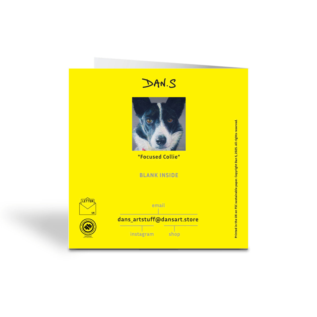 Back of a greetings card with a Collie face with a grey background 