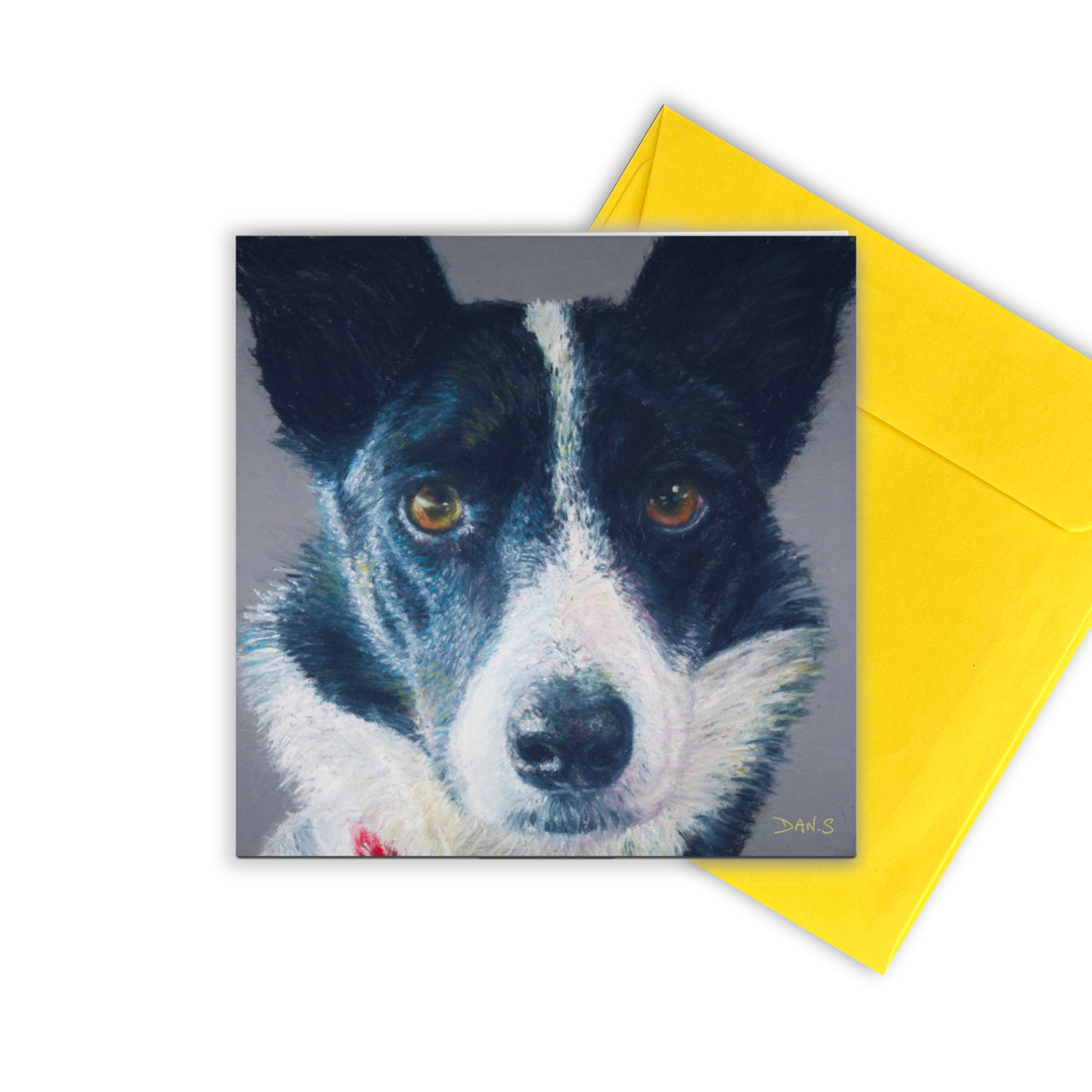 Greetings card with a Collie face with a yellow envelope