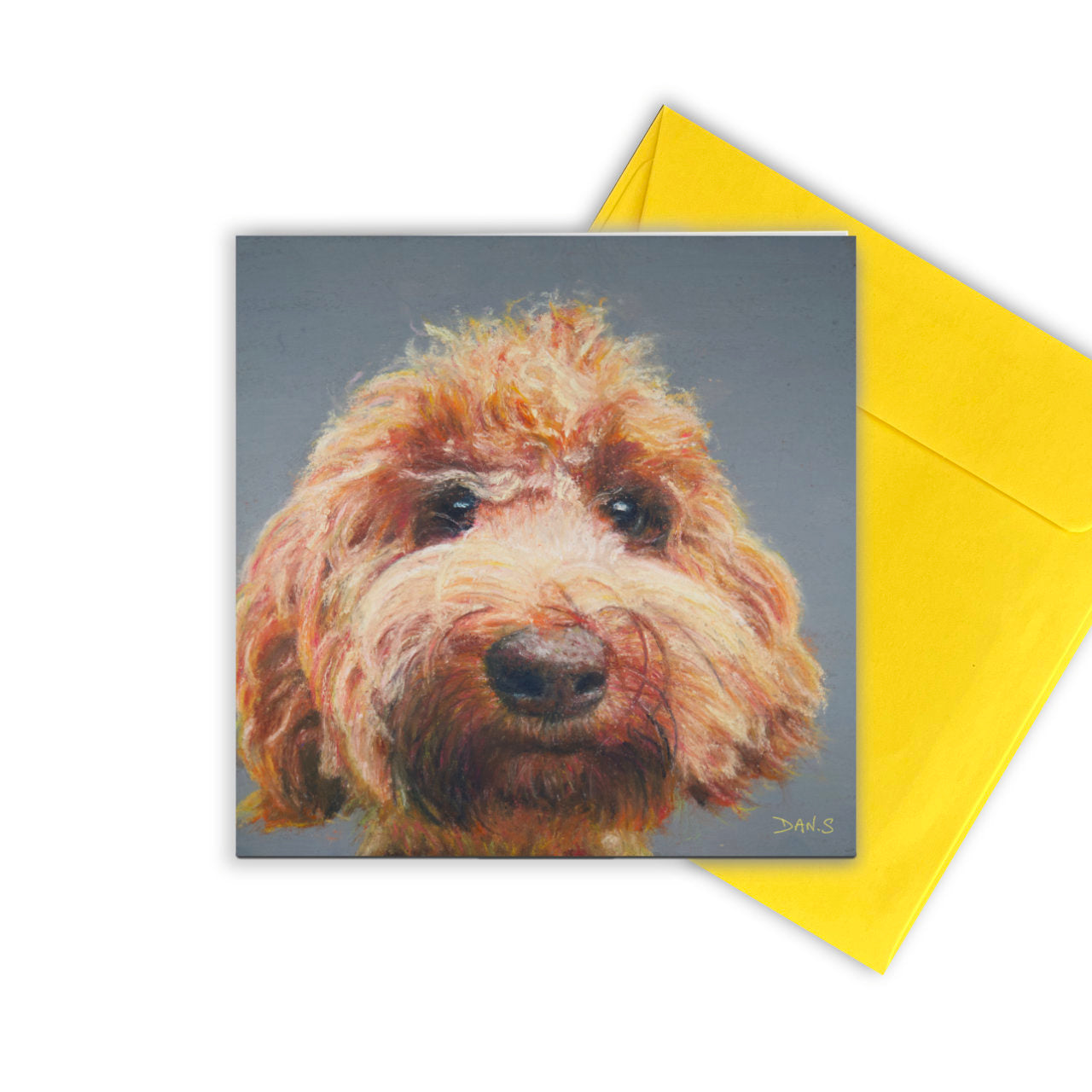 Greetings card with a Australian Labradoodle face with a yellow envelope