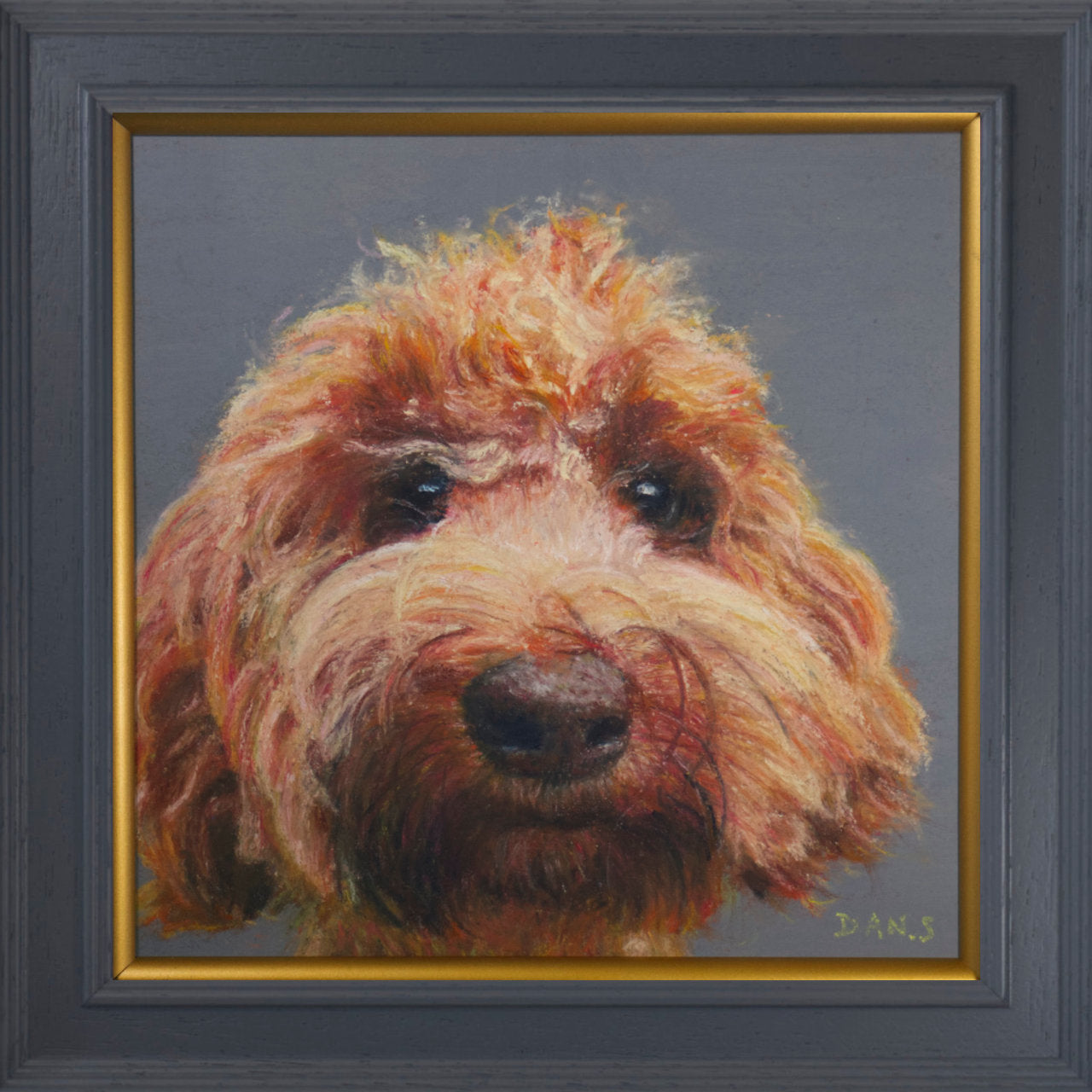 Picture of a Australian Labradoodle face with a grey background in a grey frame with a pop of gold