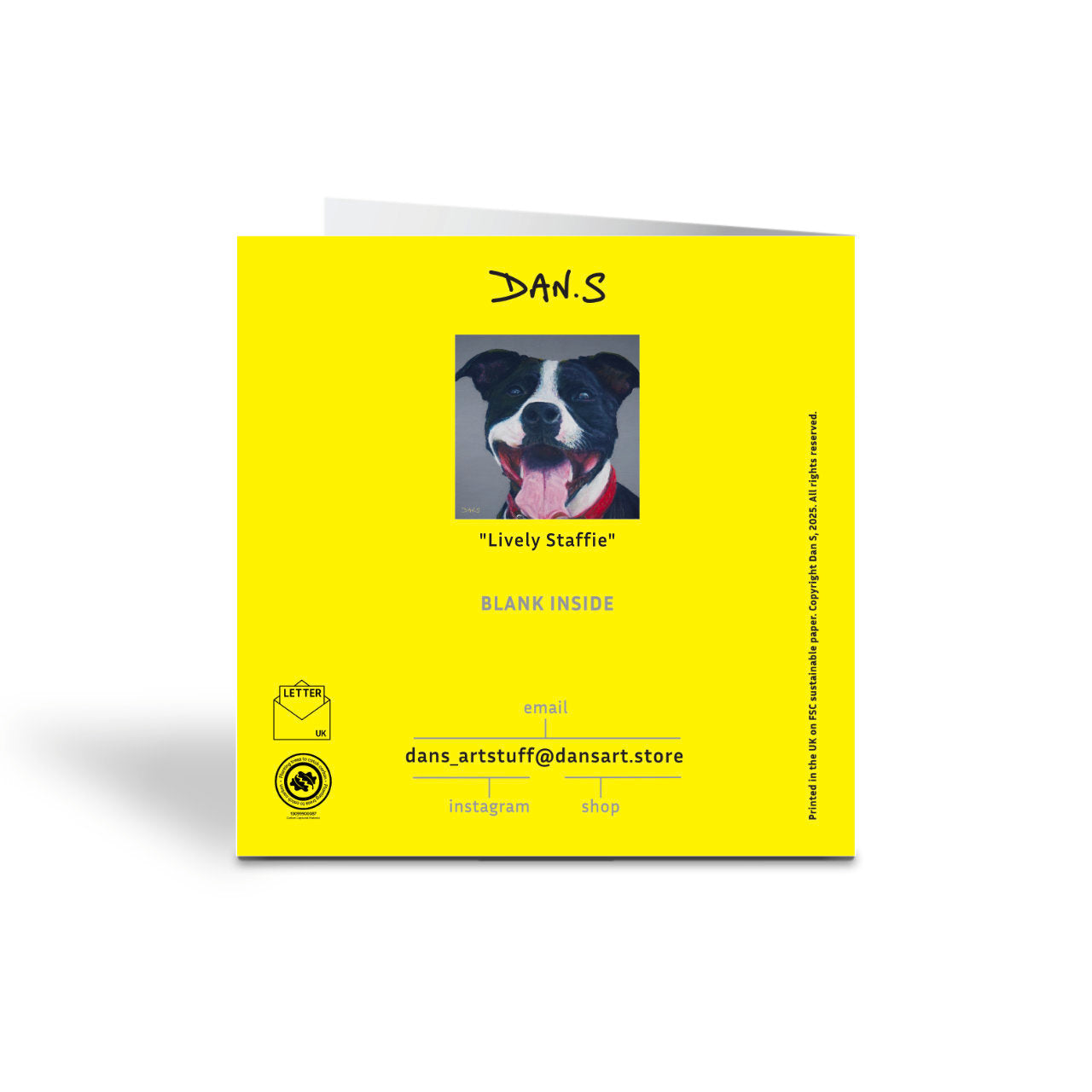 Back of a greetings card with Staffordshire bull terrier's face with a grey background