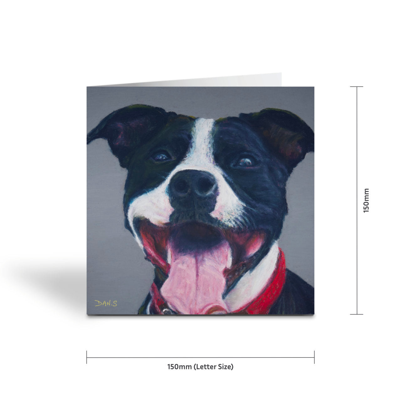 Greetings card with Staffordshire bull terrier's face with a grey background