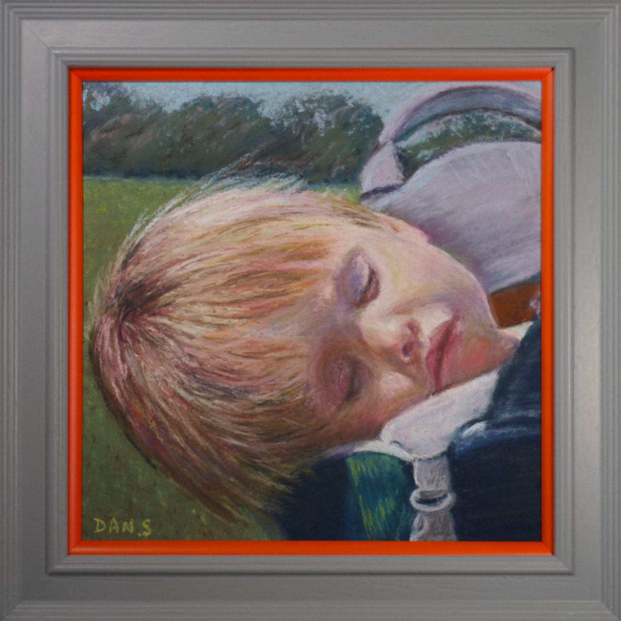 Pastel drawing of a sleeping child with blonde hair