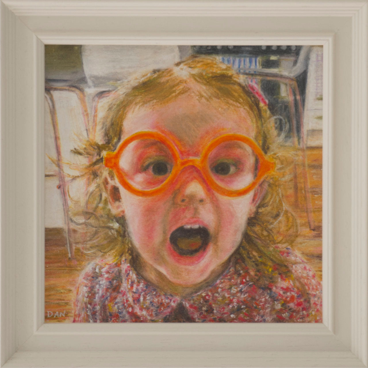 Framed artwork of a child wearing large orange glasses with a surprised expression.