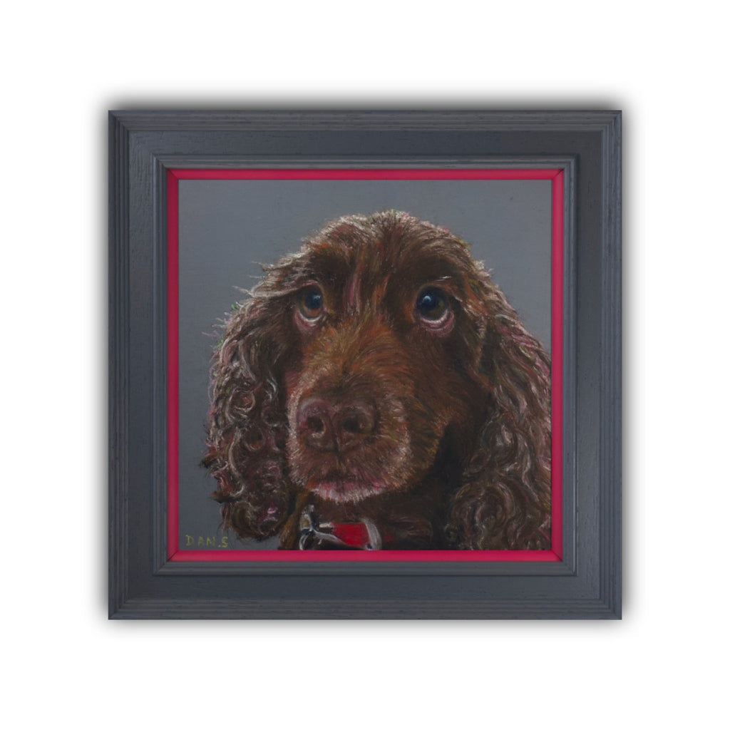 Picture of a brown cocker spaniel's face with a grey background in a grey frame with pink border