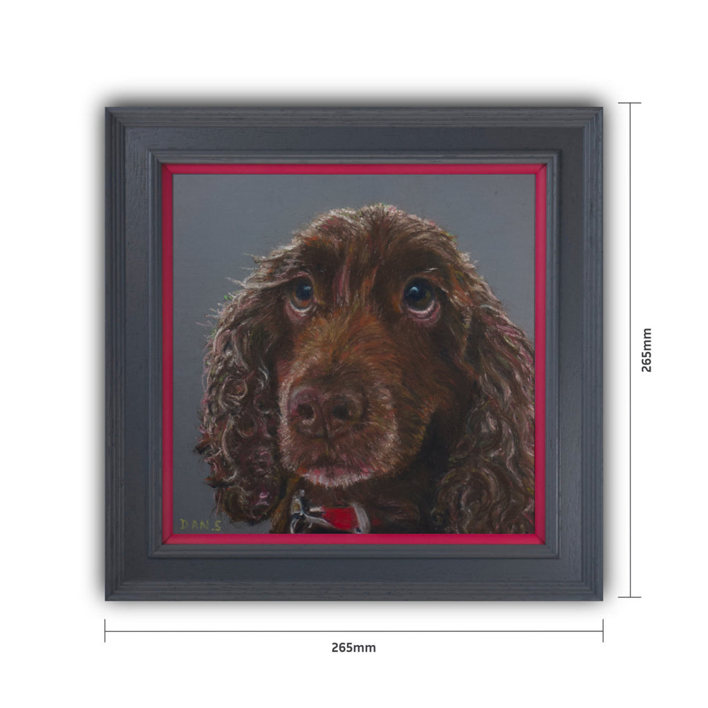 Picture of a brown cocker spaniel's face with a grey background in a grey frame with pink border
