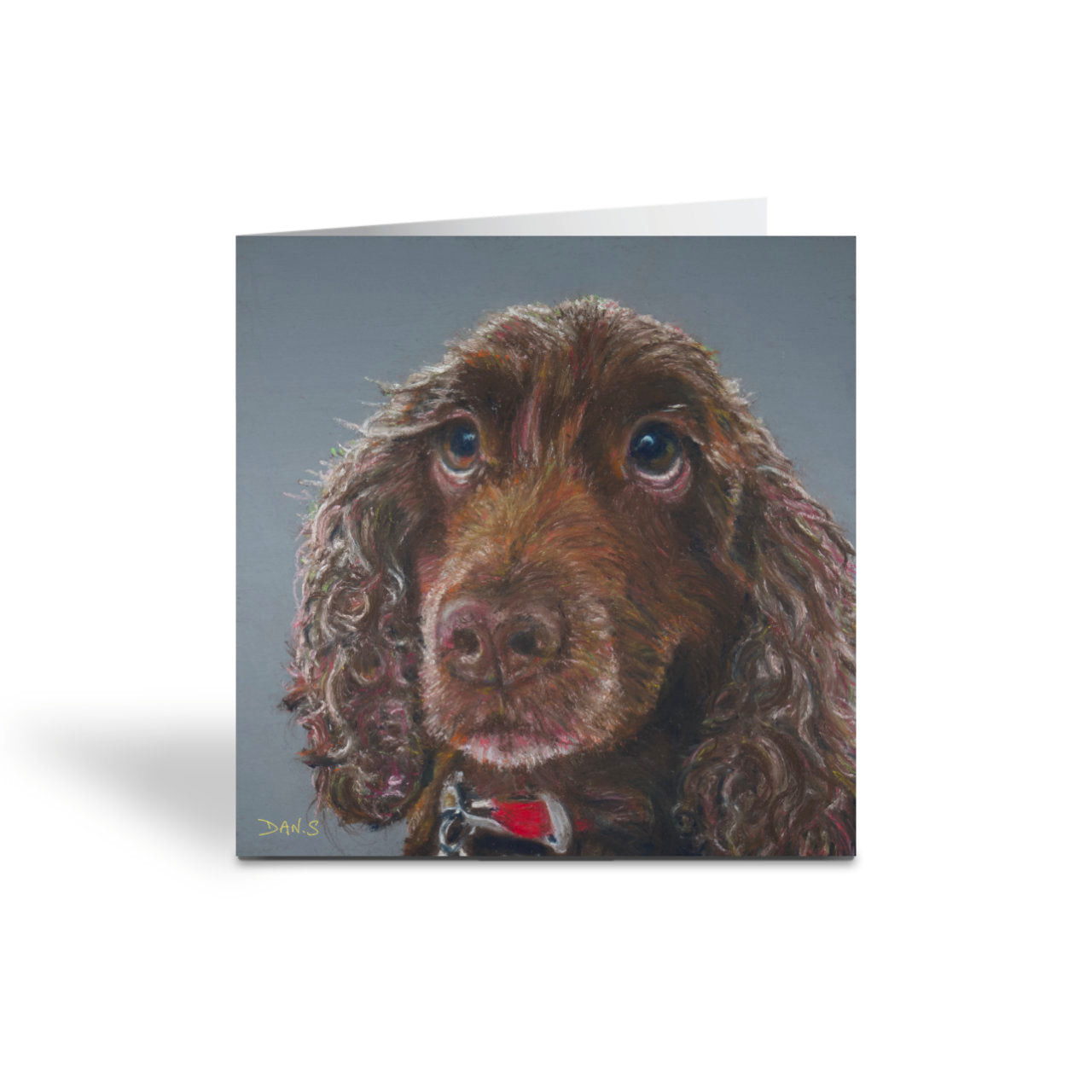 Picture of a card with a brown cocker spaniel's face with a grey background