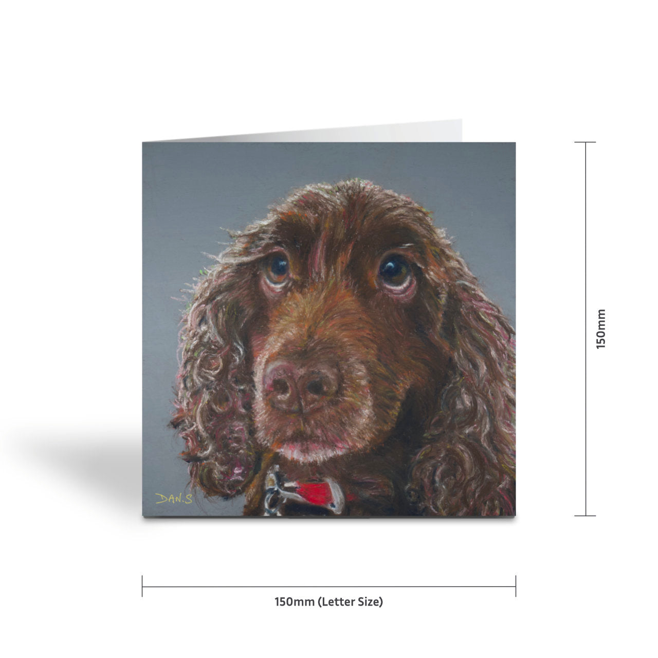 Picture of a card with a brown cocker spaniel's face with a grey background 