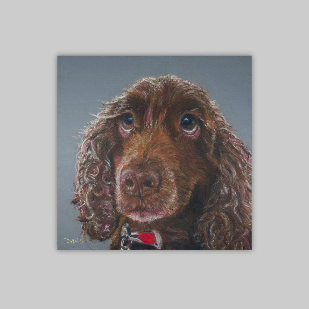Print of a brown cocker spaniel's face with a grey background
