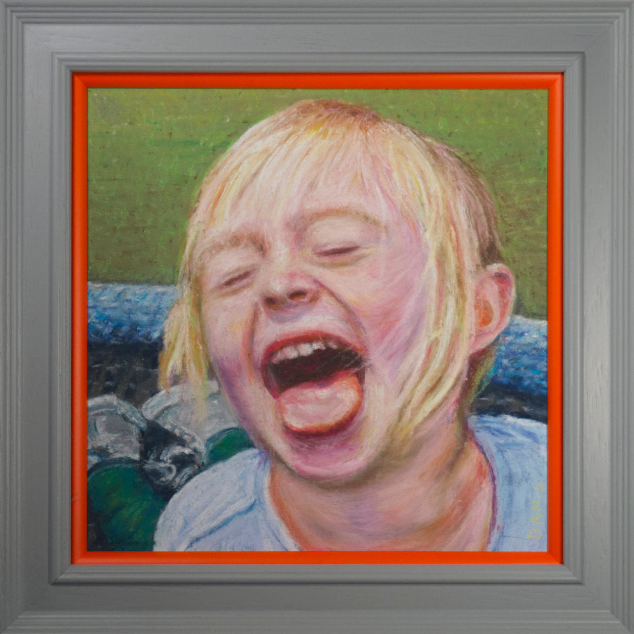 Framed artwork of a child with a bright orange border