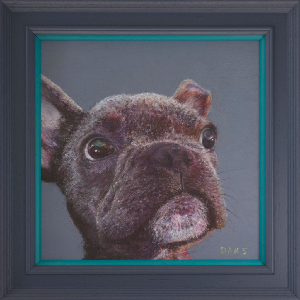 Artwork of a French Bulldog's face in a grey frame with teal accent