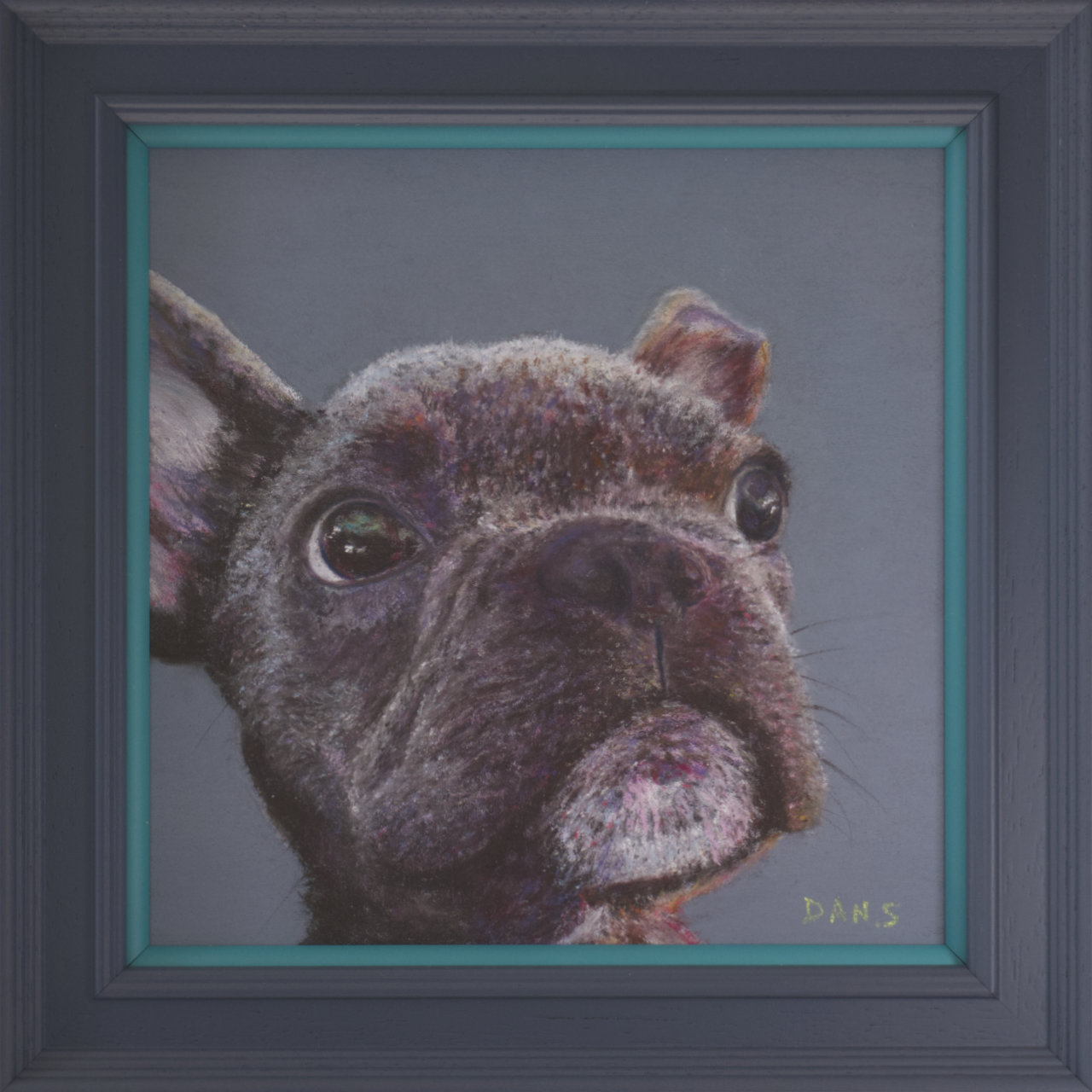 Artwork of a French Bulldog's face in a grey frame with teal accent