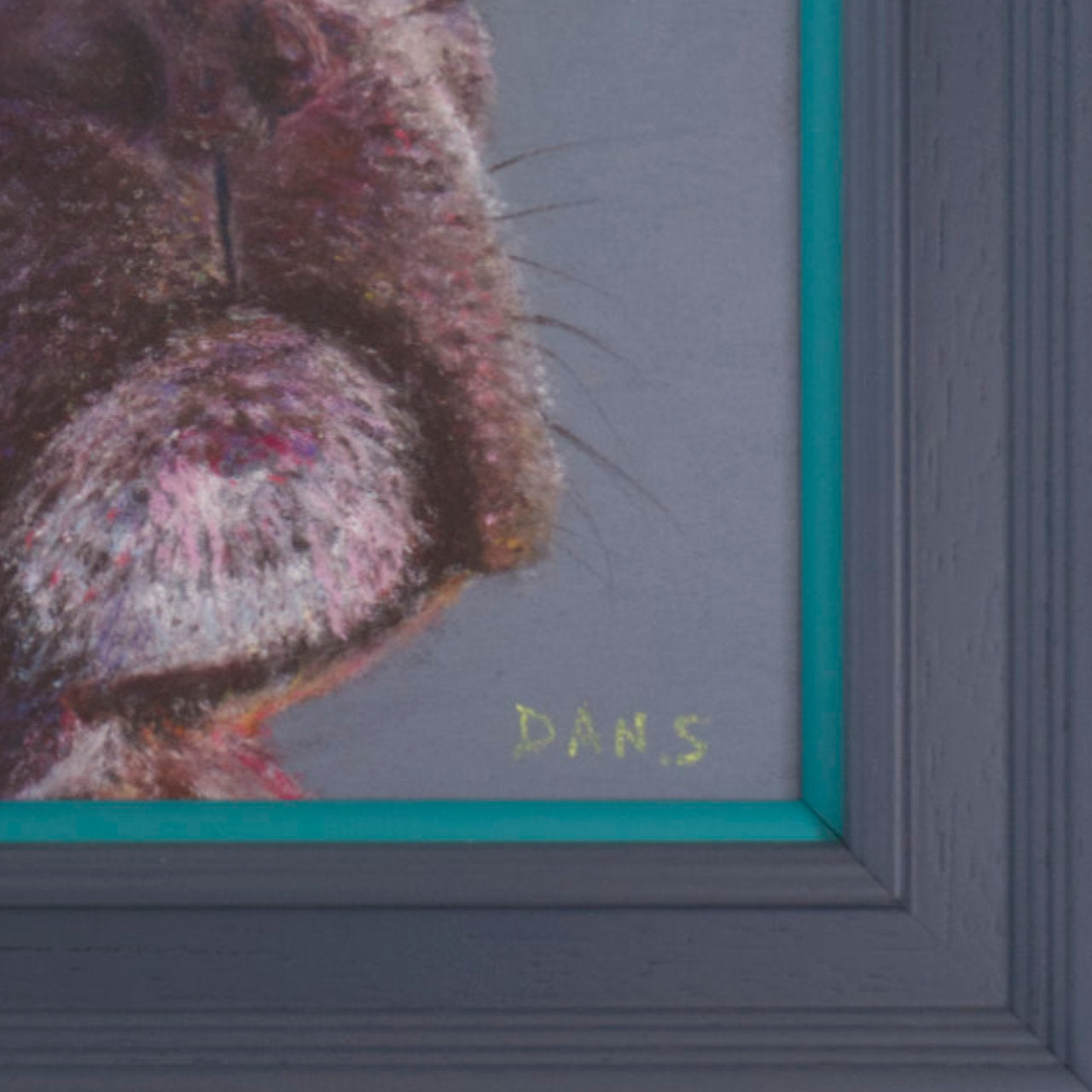 Artwork of a French Bulldog's face in a grey frame with teal accent