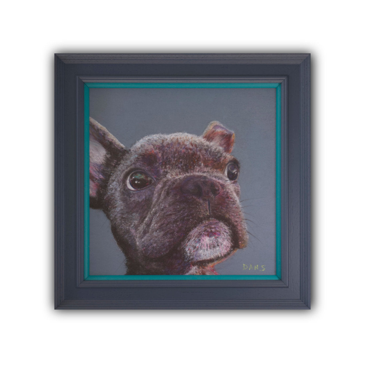 Artwork of a French Bulldog's face in a grey frame with teal accent