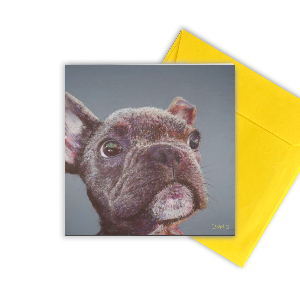 Greetings card featuring a French Bulldog's face with yellow envelope