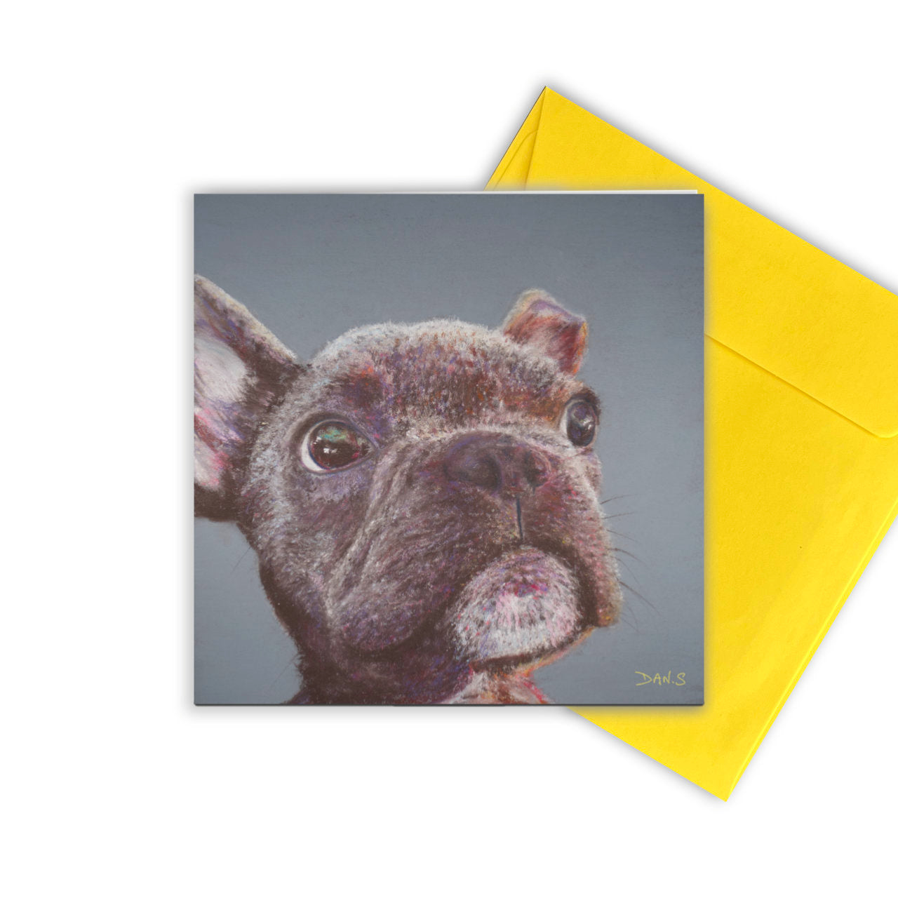 Greetings card featuring a French Bulldog's face with yellow envelope