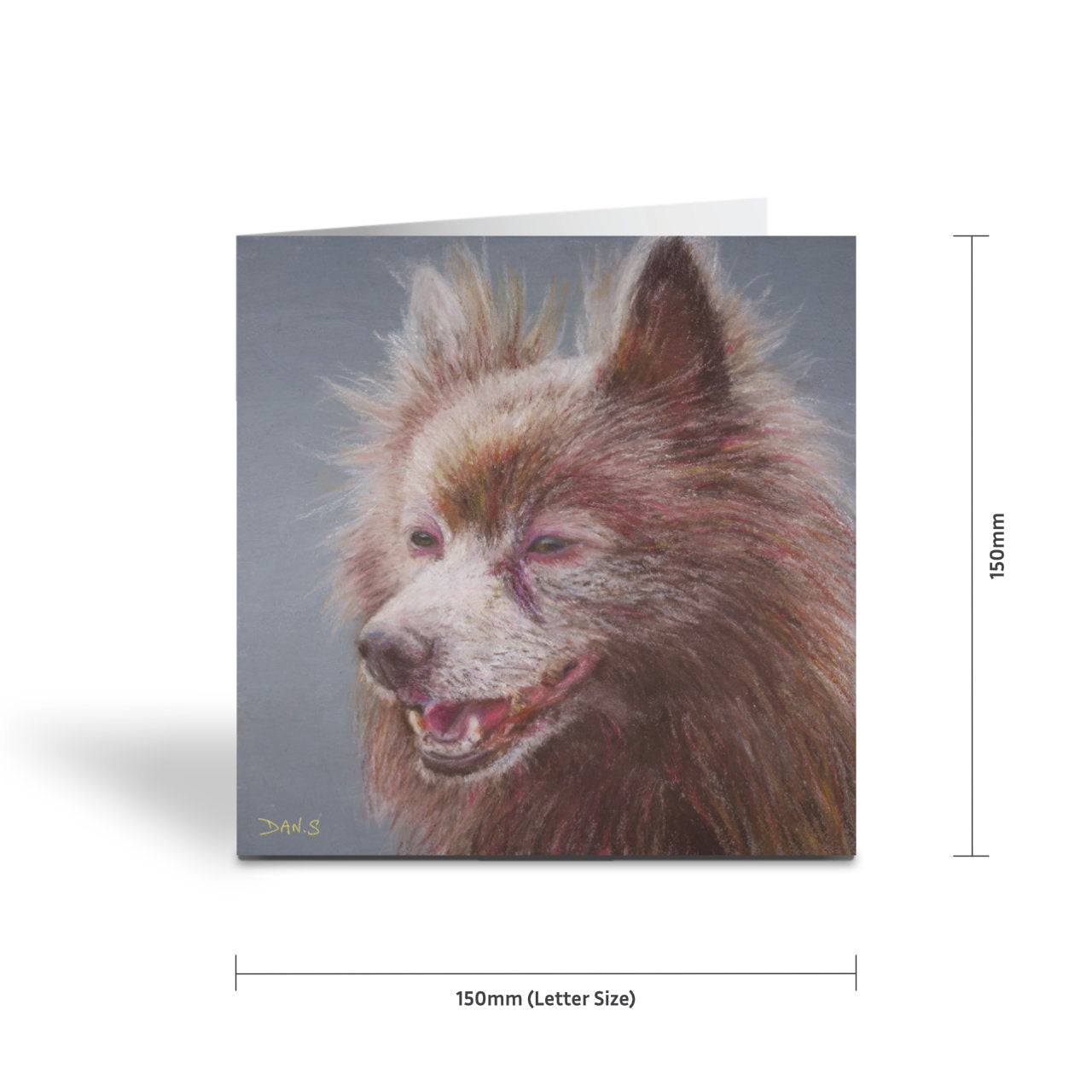 Picture of a greetings card with German Spitz on a grey background