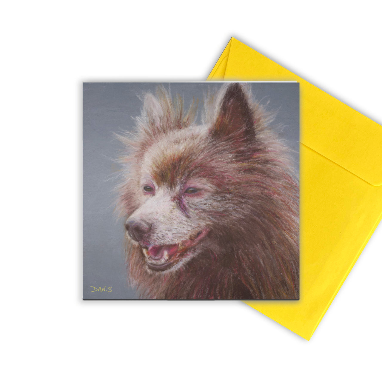 Picture of a greetings card with German Spitz with a yellow envelope