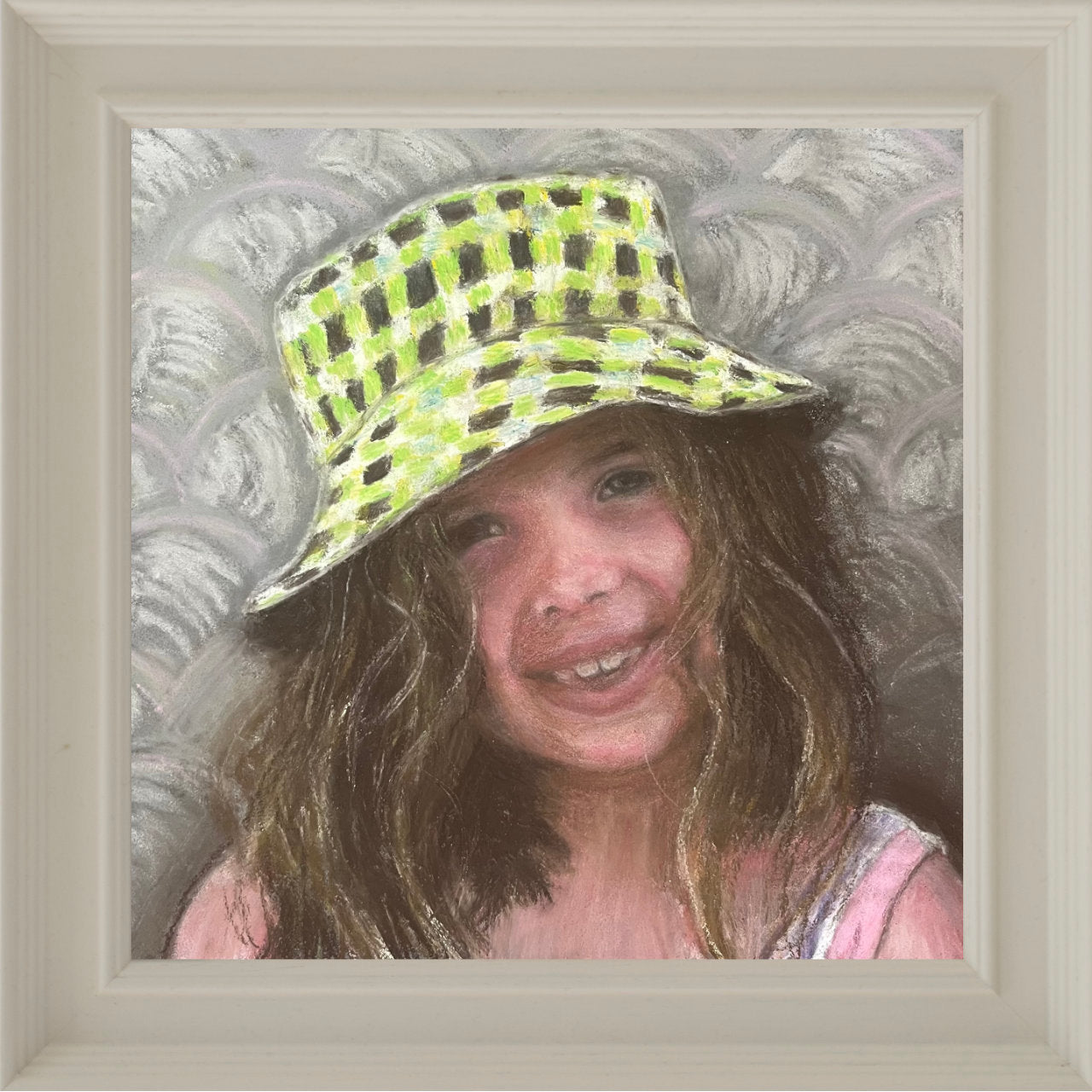 Artistic depiction of a child wearing a green checkered hat with a textured gray background