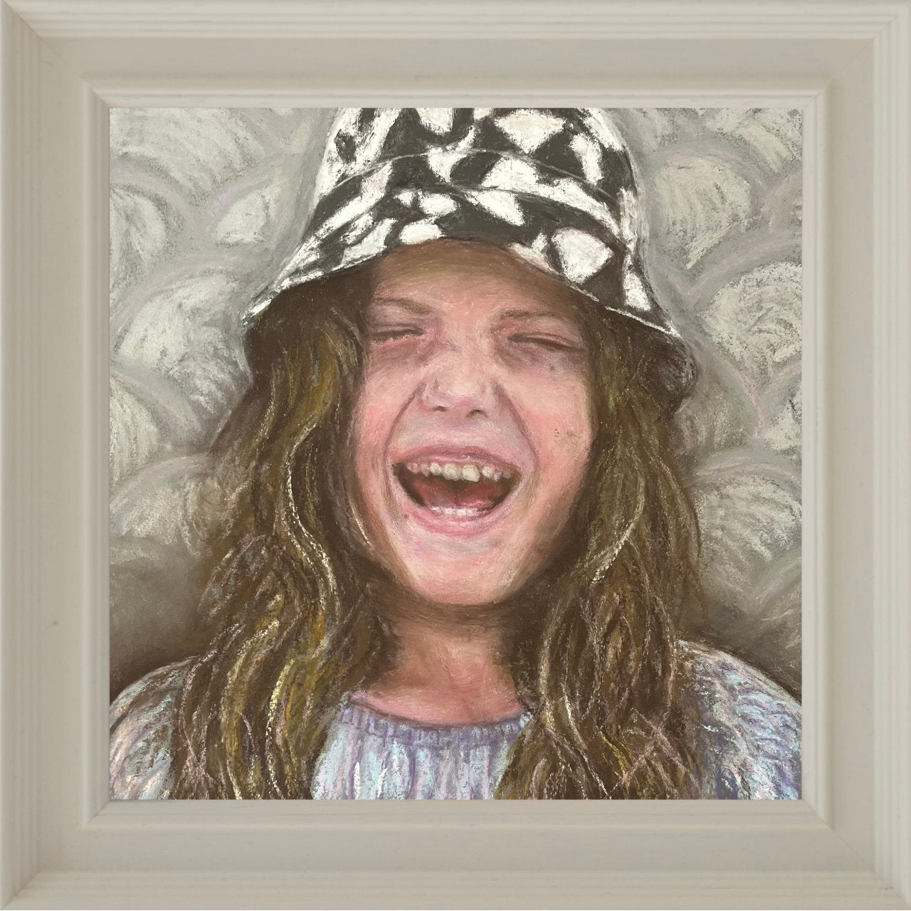 Framed artwork of a person wearing a patterned hat with a textured background