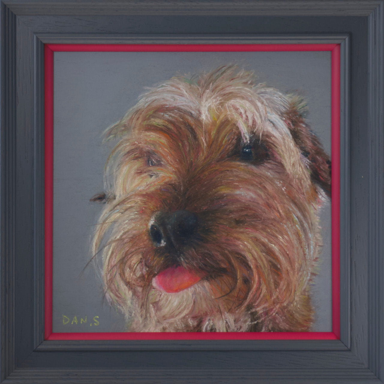 Picture of a terrier dog on a grey background in a grey frame with pink border