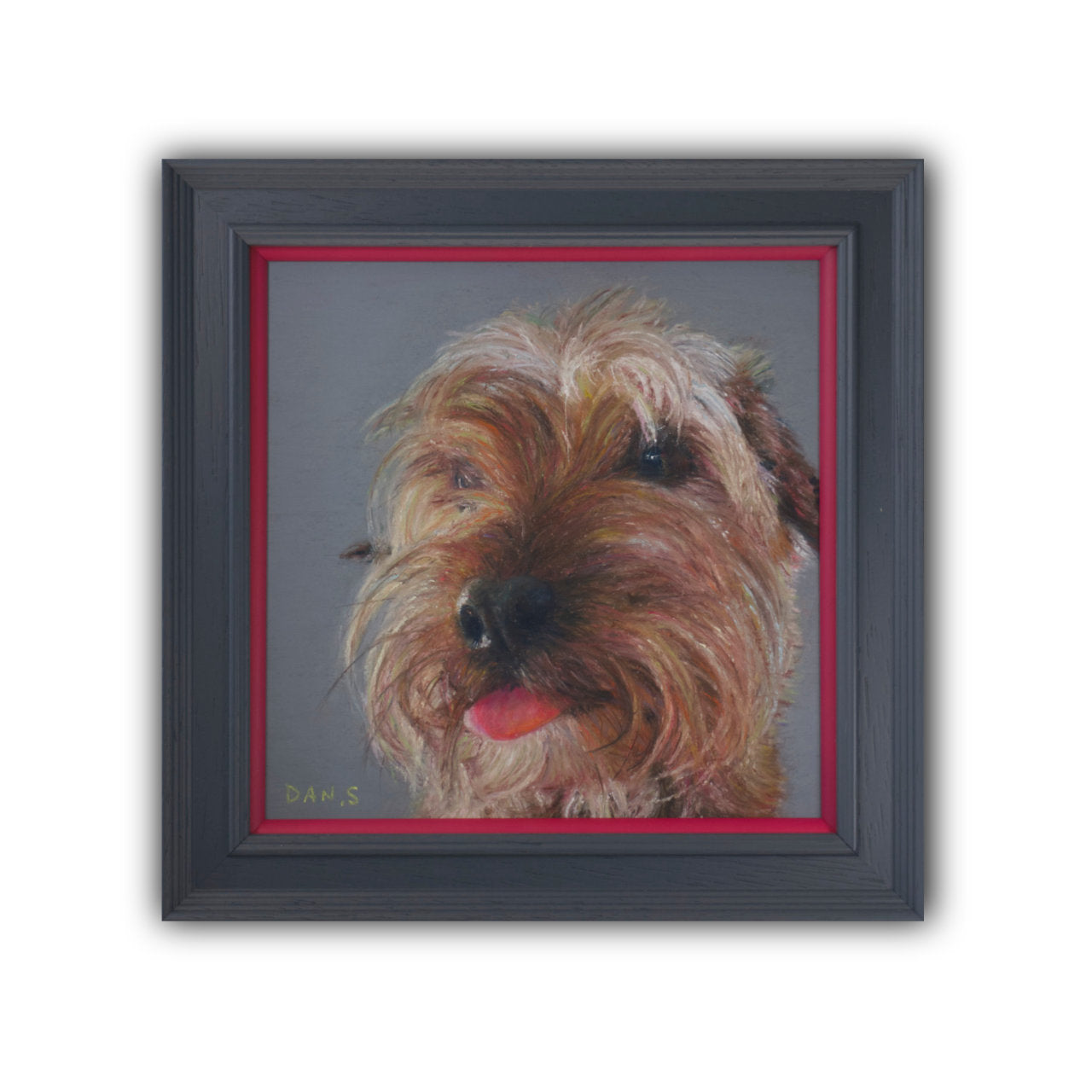 Picture of a terrier dog on a grey background in a grey frame with pink border