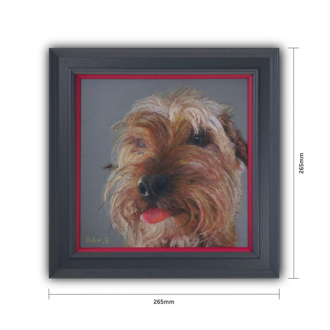 Picture of a terrier dog on a grey background in a grey frame with pink border