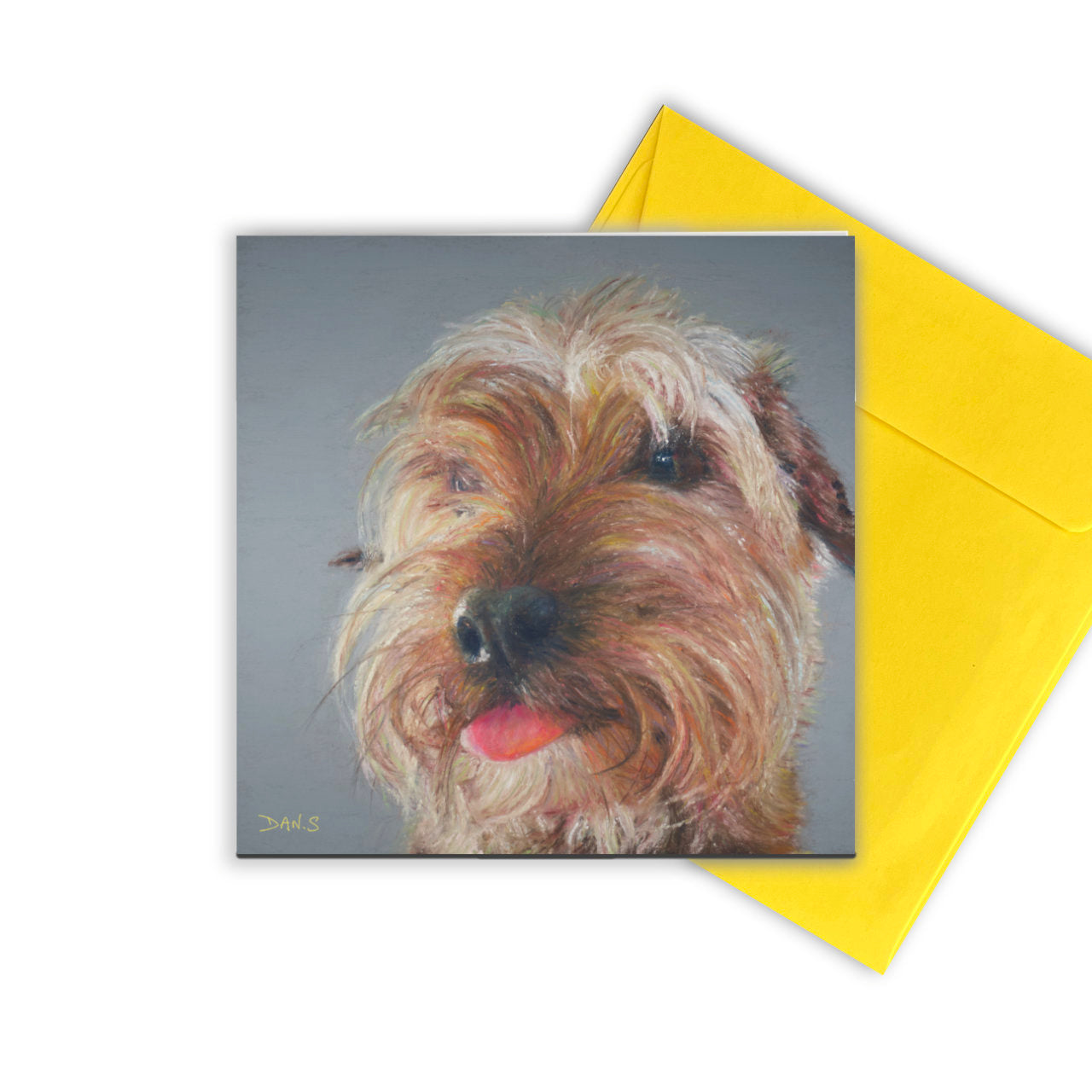 Picture of a terrier dog with yellow envelope