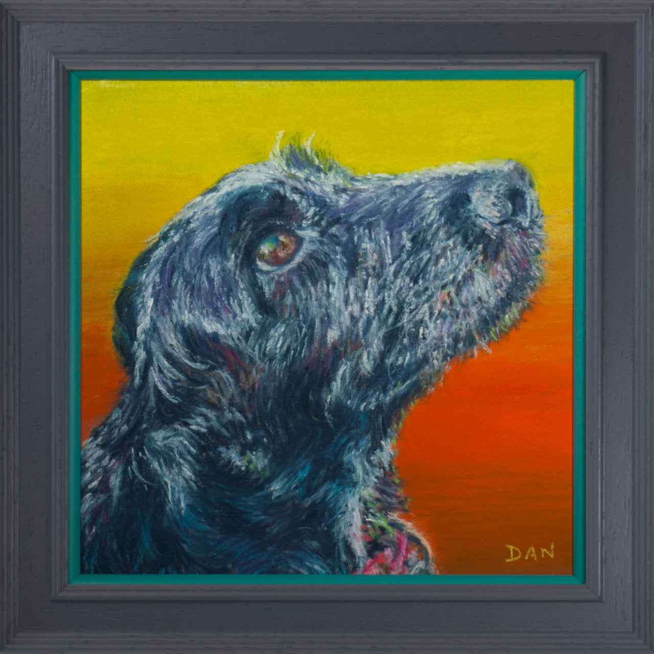 Framed artwork of a cocker spaniel's head with a colourful background